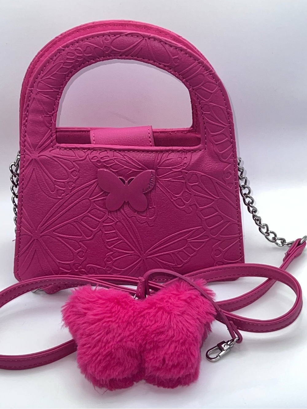 Fuchsia Butterfly-Embossed Mini Top-Handle Bag with Fur Charm